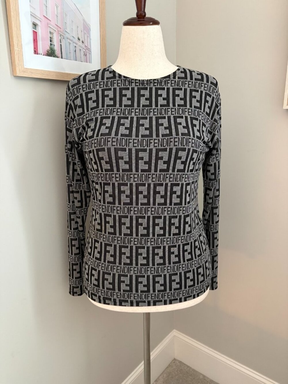Vintage Fendi FF Zucca Monogram Stretch Mesh Long Sleeve Top Black Gray Y2K